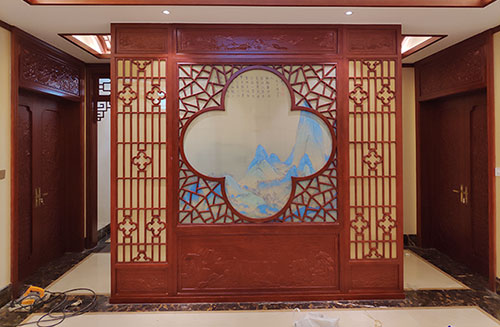 松江会所室内装修中式仿古实木屏风隔断展示